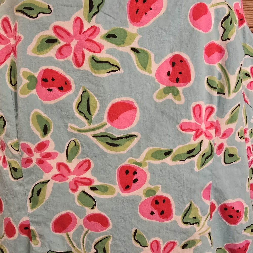 Floral Strawberry Cotton Dress Pink and White Shabby Chic Picnic Cruise Size 12 - Picture 4 of 6
